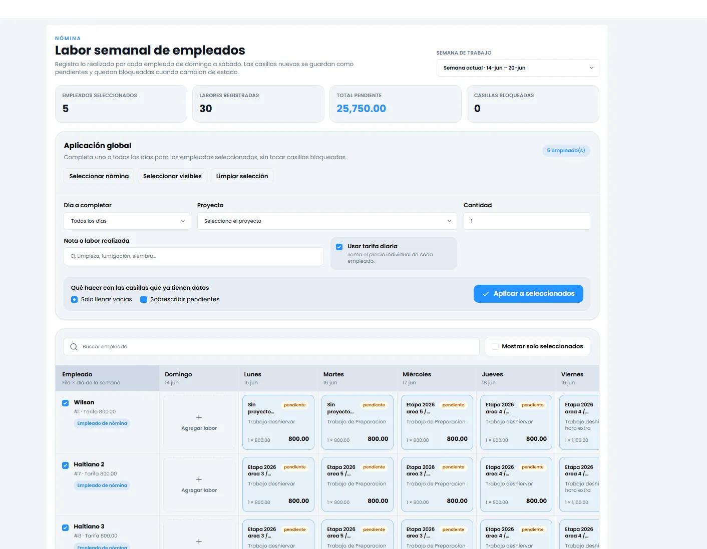 Matriz semanal de labor de empleados en AgroAPP